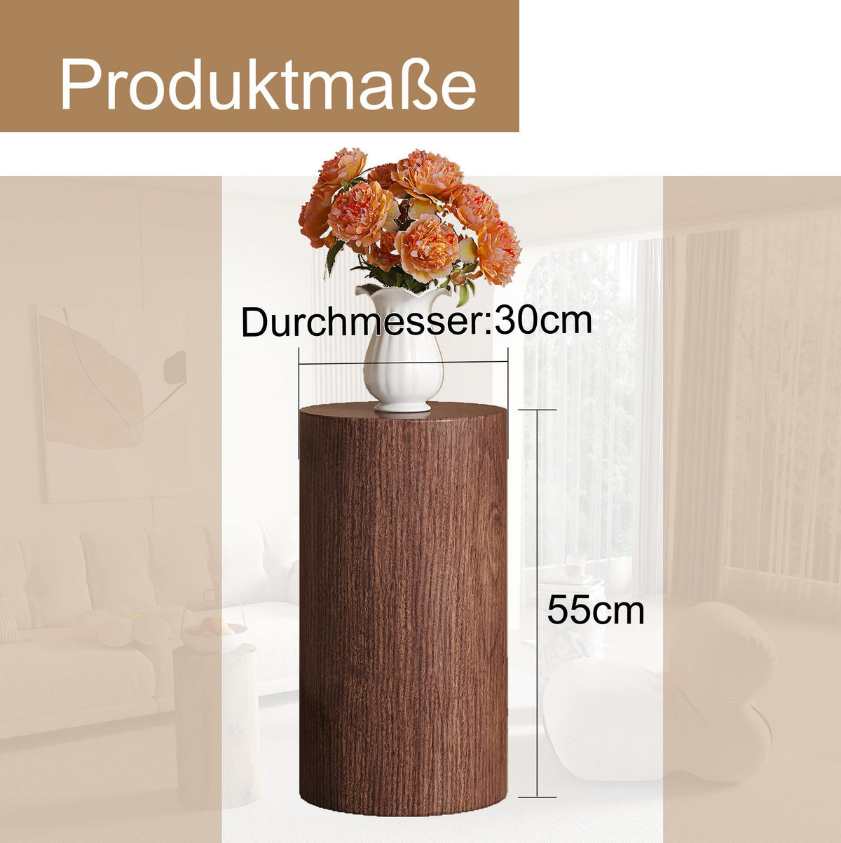 COUCHTISCH 30/55 cm in Nussbaumoptik aus MDF–rund und vielseitig - Walnussfarben, Holzwerkstoff (30/30/55cm) - Flora Grace