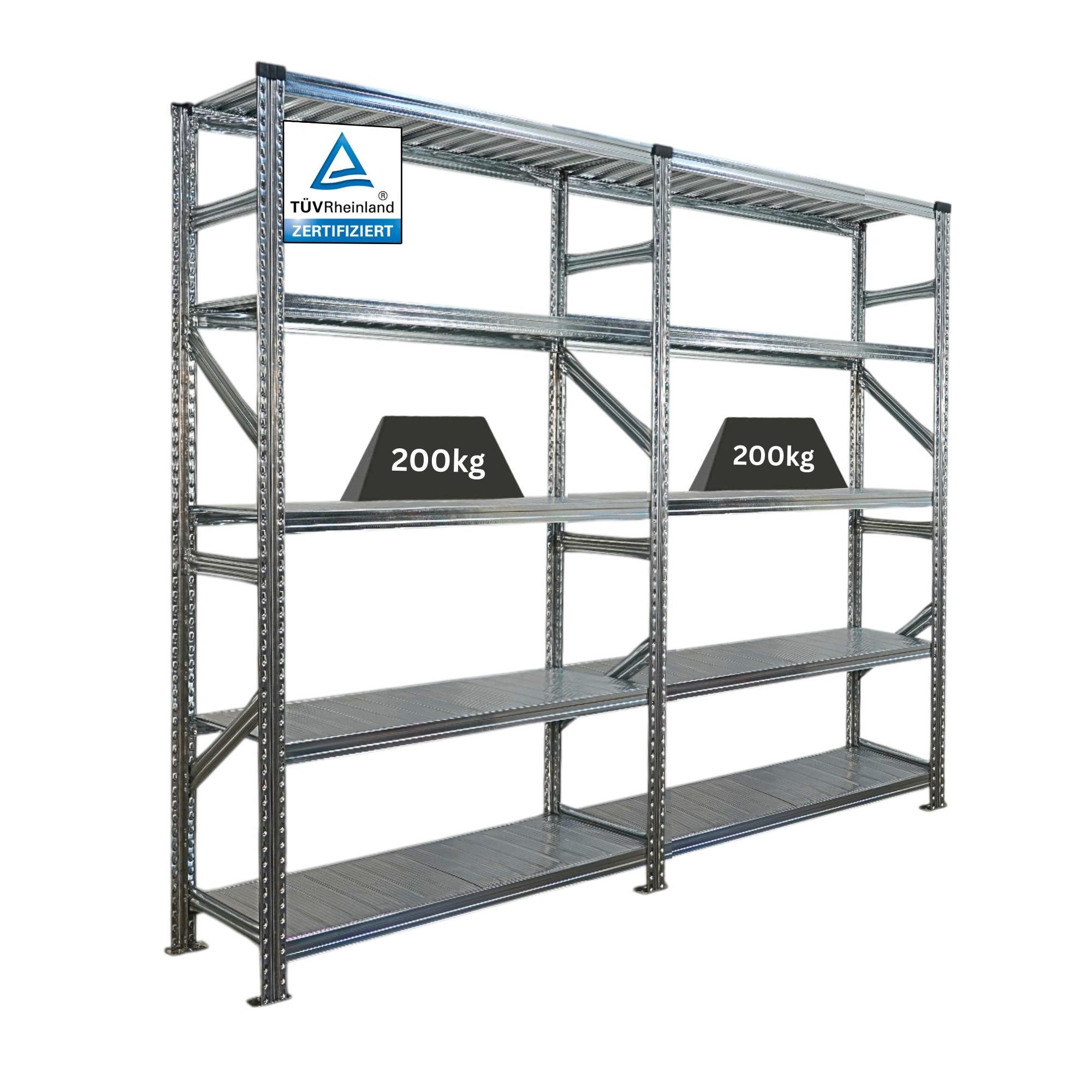 FACHBODENREGAL Proximo Stecksystem 200x240x50cm 5 Ebenen Fachlast 200 kg Beidseitig nutzbar Verzinkt - Silberfarben, Metall (240/200/50cm) - PROREGAL