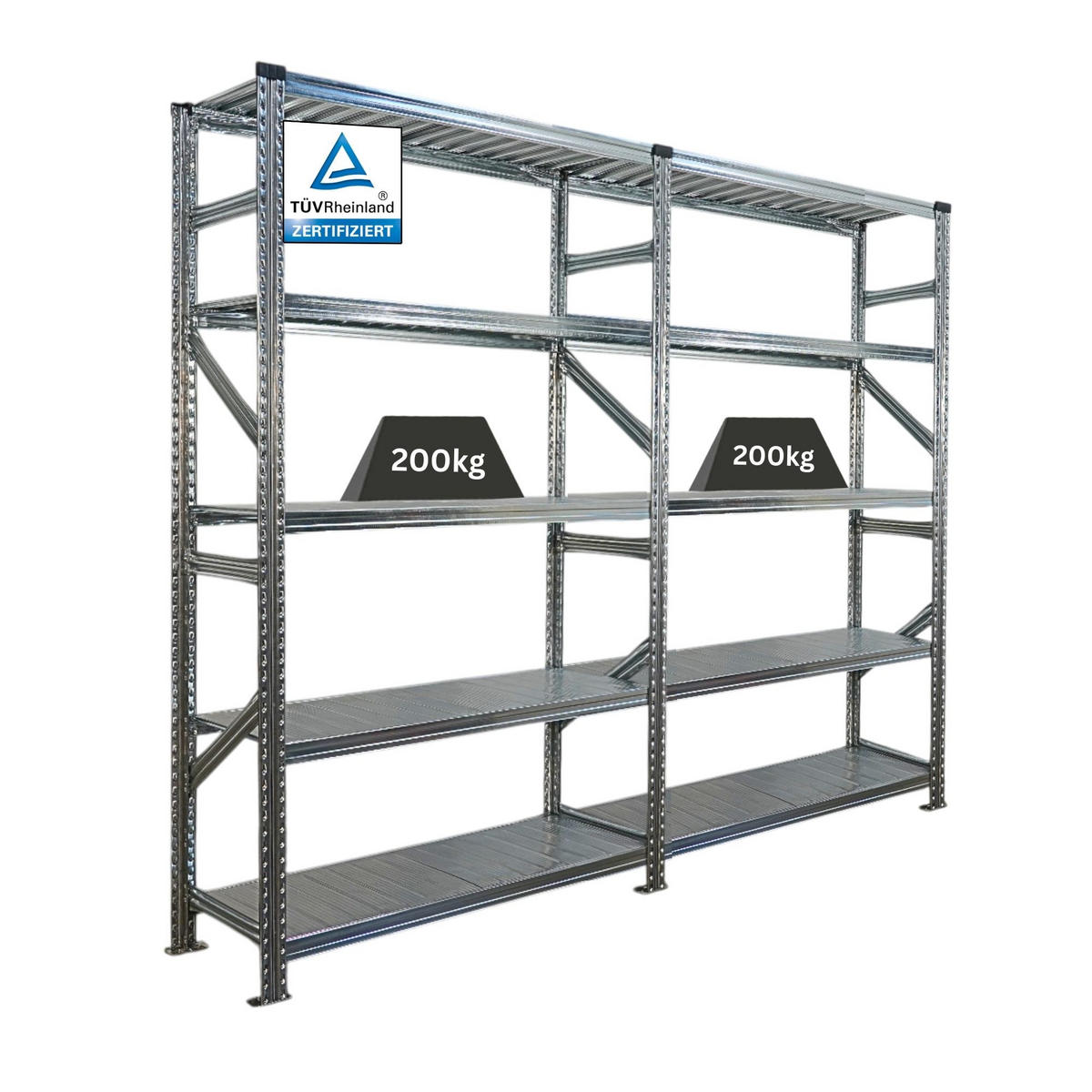 FACHBODENREGAL Proximo Stecksystem 200x240x50cm 5 Ebenen Fachlast 200 kg Beidseitig nutzbar Verzinkt - Silberfarben, Metall (240/200/50cm) - PROREGAL