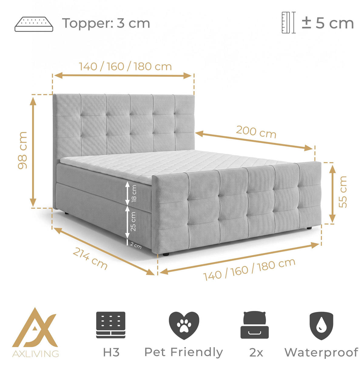 BOXBETT DEFNE 160x200 cm mit Fußteil und Matratze - Creme + TOPPER - Creme/Schwarz, Holz/Holzwerkstoff (160/200cm) - AX Living