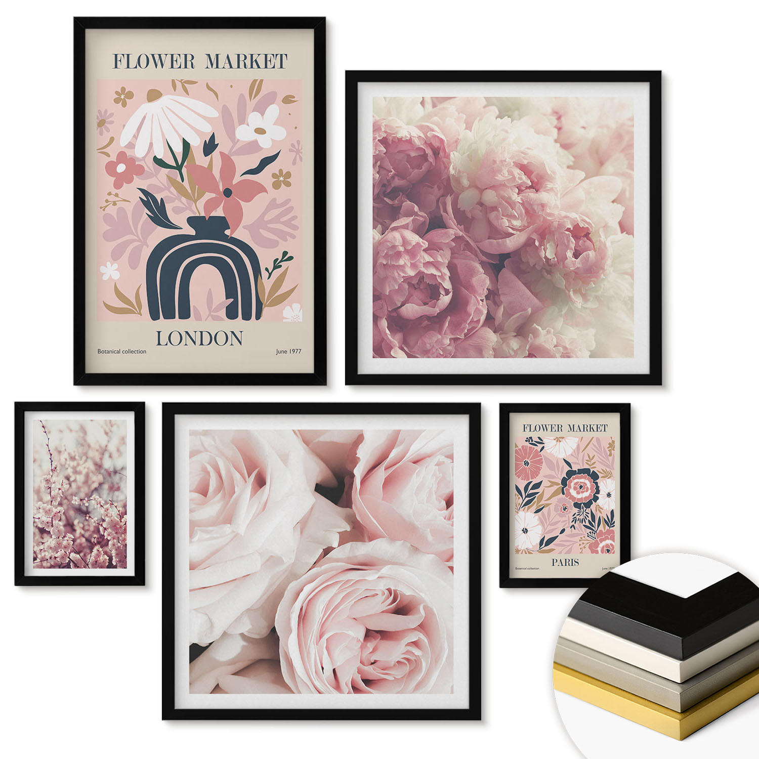 WANDBILDER 5er-Set - 50x50 cm & 20x30 cm & 40x60 cm Schwarzer Rahmen - Blumenmuster aus europäischen Städten - Schwarz, Kunststoff (40/60cm) - ArtPrintCave