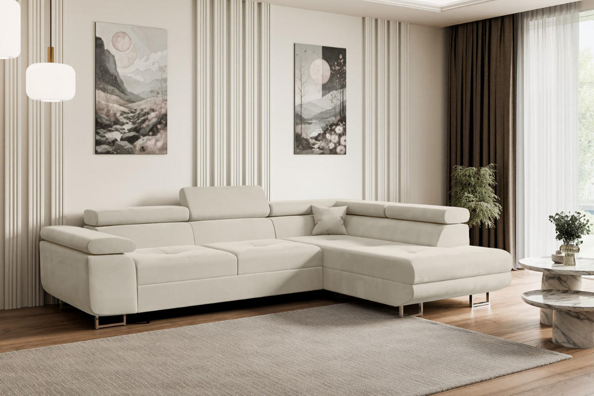 ECKSOFA mit Schlaffunktion und Bettkasten GUSA-L 272x202x107 cm Beige Velours - Beige/Silberfarben, Holzwerkstoff/Textil (272/202cm) - ALTDECOR