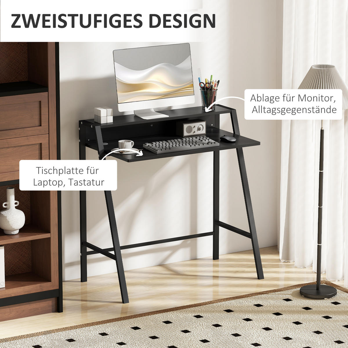 SCHREIBTISCH, MDF, Eisen, Schwarz - Schwarz, Kunststoff (84/45/85cm) - HOMCOM