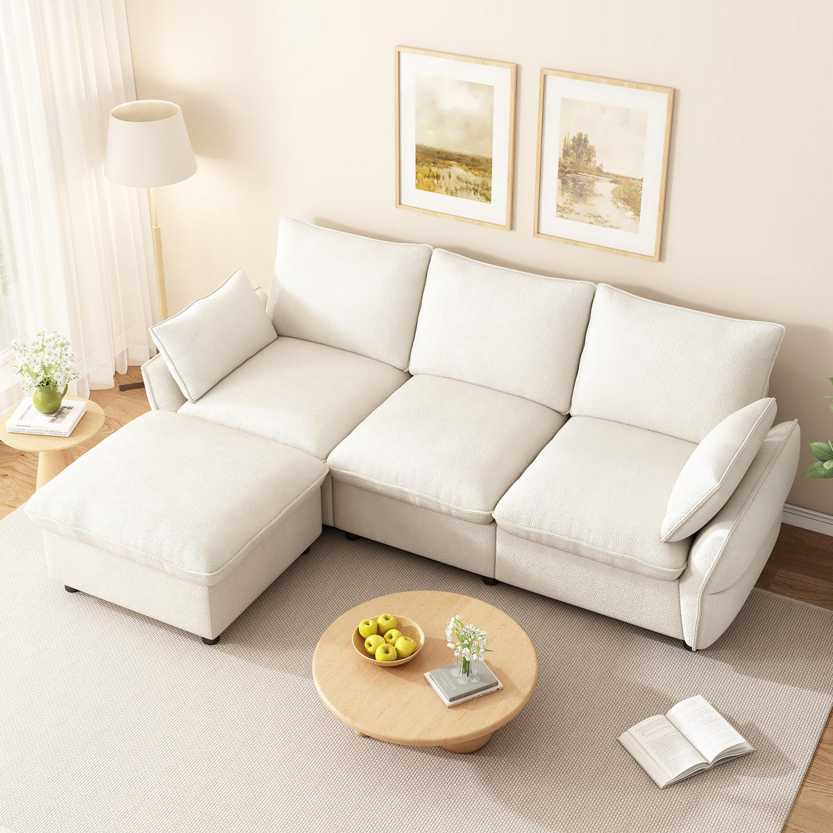 ECKSOFA 222.5/154.5/76.5 cm Beige Chenille mit 1 Fußhocker - Beige, Textil (222.5/154.5cm) - Oxeza