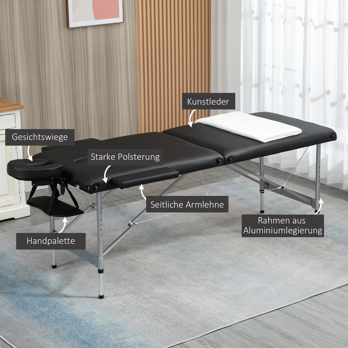 MASSAGELIEGE, Kunstleder, Schwarz - Schwarz, Metall (71/83/186cm) - HOMCOM