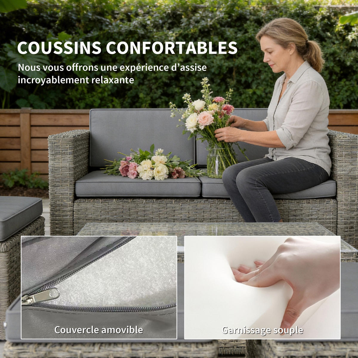 GARTENLOUNGE-SET 6tlg DE-13718 nestbar mit Glastisch Grau - Dunkelgrau, Metall - ComfortXL