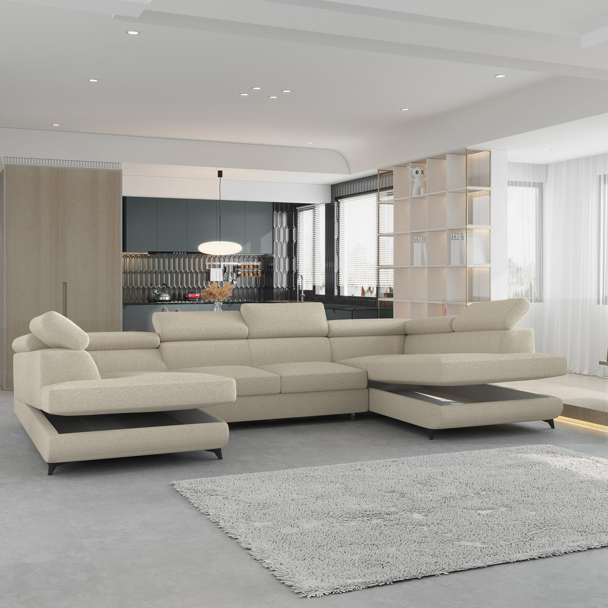 WOHNLANDSCHAFT VINTESSA Creme Boucle-Stoff mit Schlaffunktion - Creme, Holz (323/89/190cm) - MASSENO