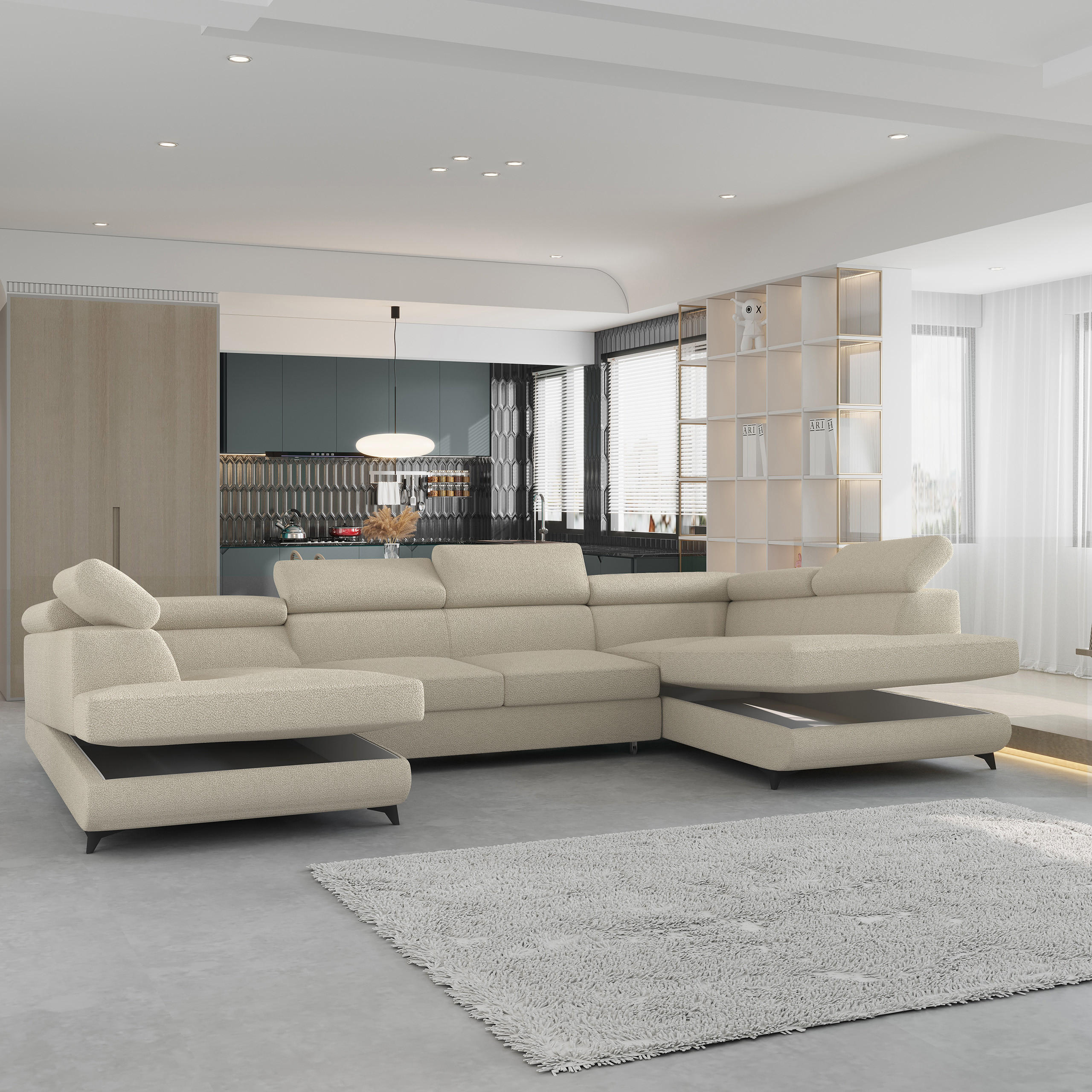 Thumbnail - Masseno Wohnlandschaft, Creme, Holz, 6-Sitzer, U-Form, 323x89x190 cm, Wohnzimmer, Sofas & Couches, Wohnlandschaften, Woh...