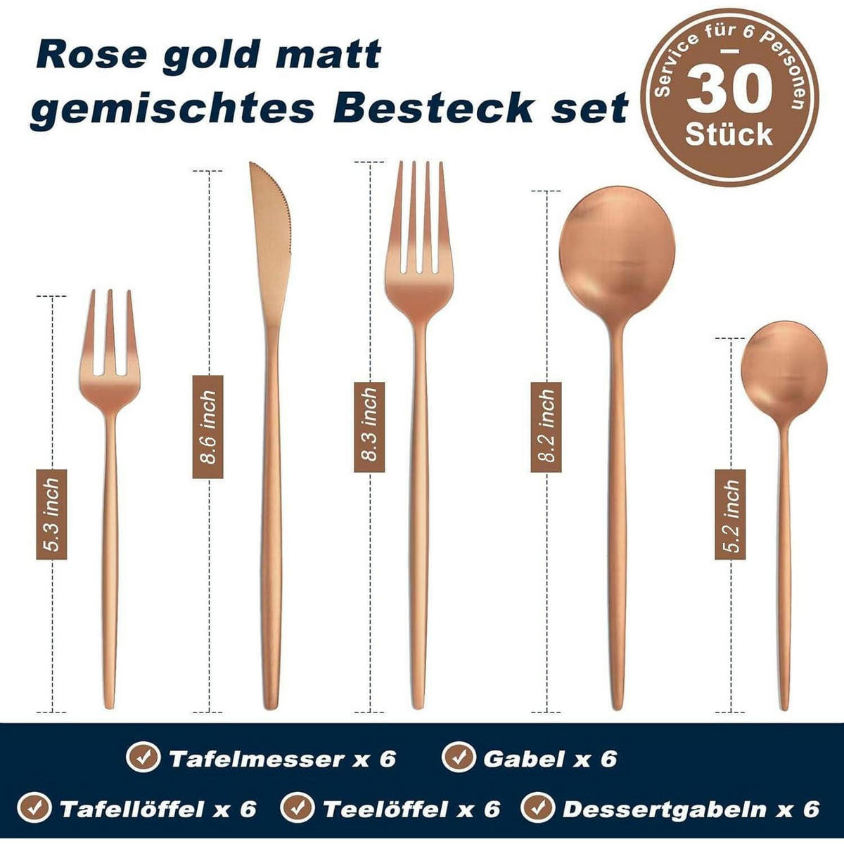 BESTECKSET 30-teilig für 6 Personen Roségold Matt Edelstahl - Bronzefarben, Metall