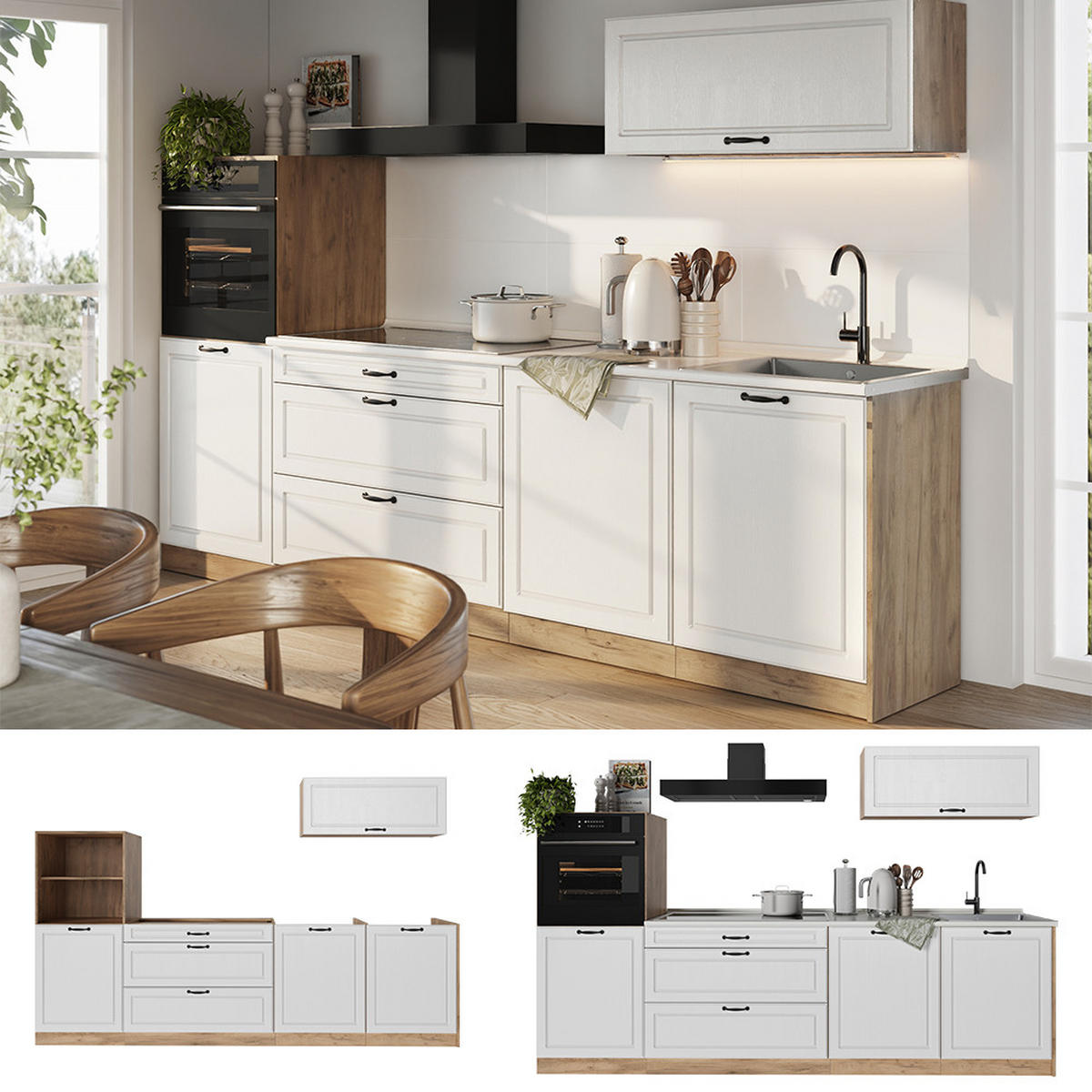 KUCHYNKA R-Line, Biely vidiecky dom/Dub Goldkraft, 280 cm Marmori työtaso - biela/farba duba, kompozitné drevo (280/143/60cm) - Vicco
