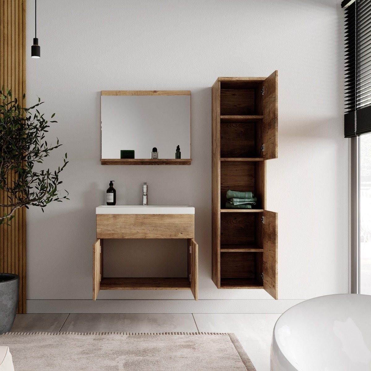 BADMÖBEL-SET Montreal 4 Teile Kastanien Eiche - 60 x 35 x 51 cm - Chromfarben/Nussbaumfarben, Holz/Metall (60/51/35cm) - Badplaats