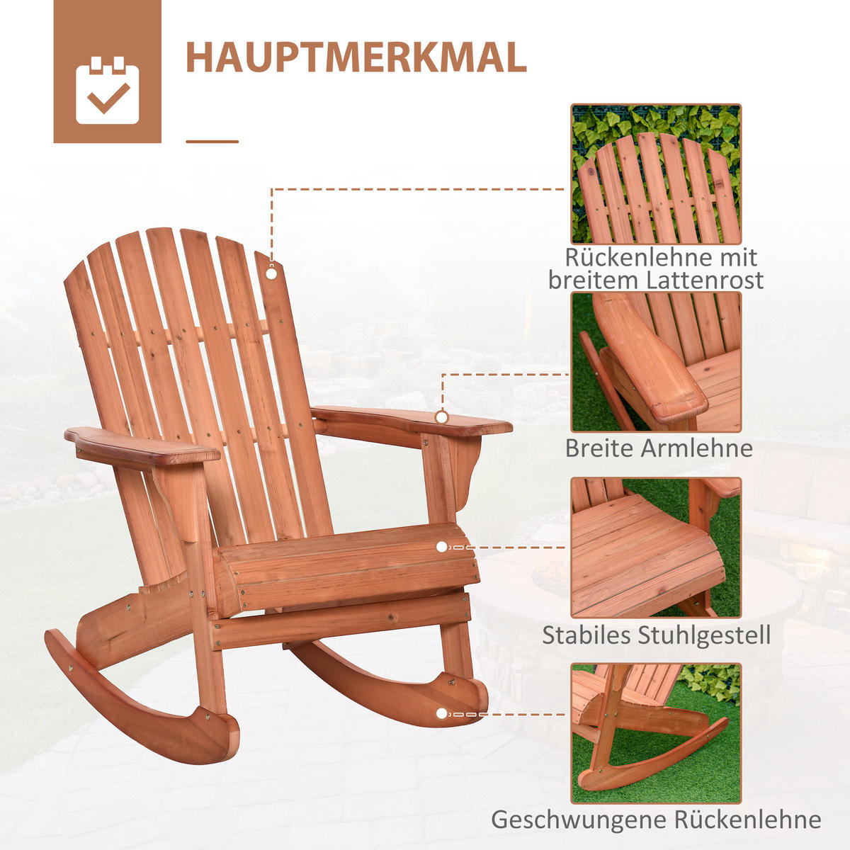 ADIRONDACK Gartenstuhl Schaukelstuhl Schaukelsessel Balkonstuhl Natur - Naturfarben, Holz (94/97/77cm) - Outsunny