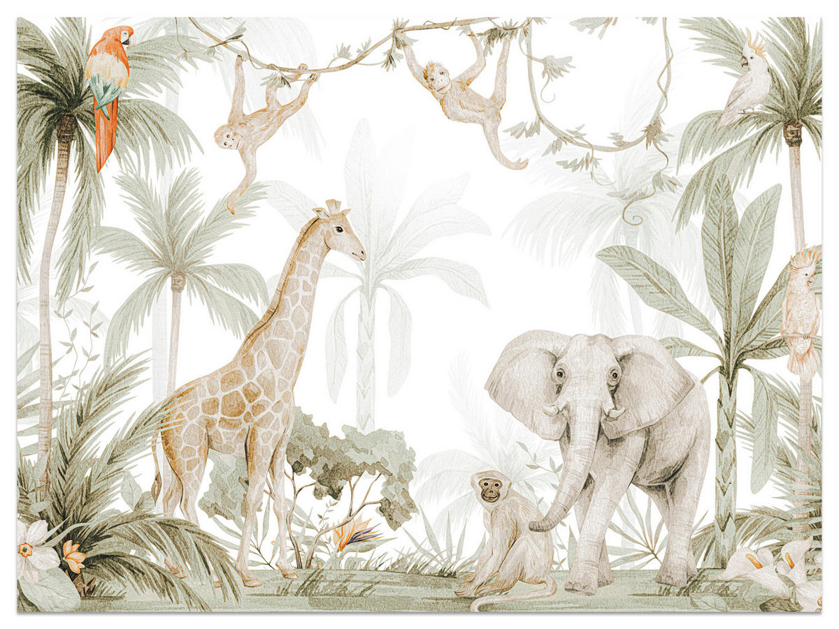FOTOTAPETE für Kinderzimmer Dschungel Tiere Giraffe Elefant Palmen 500x350 - Ecru/Braun, Papier (500/350cm) - Muralo