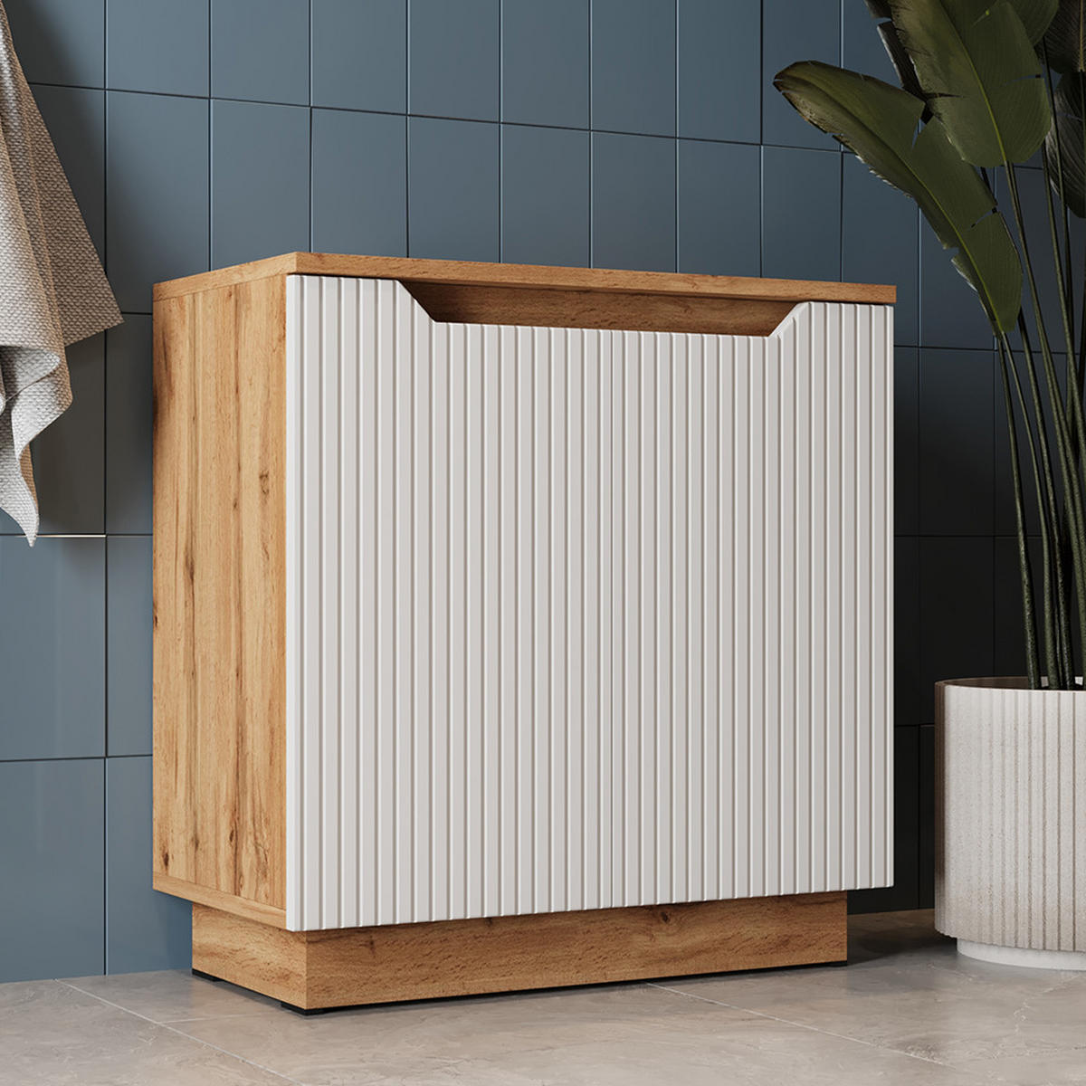 WASCHBECKENUNTERSCHRANK Lotta Eiche/weiß gestreift 59.8 x 62.1 cm mit 2 Türen - Eichefarben/Weiß, Holzwerkstoff (59.8/62.1/32cm) - Vicco
