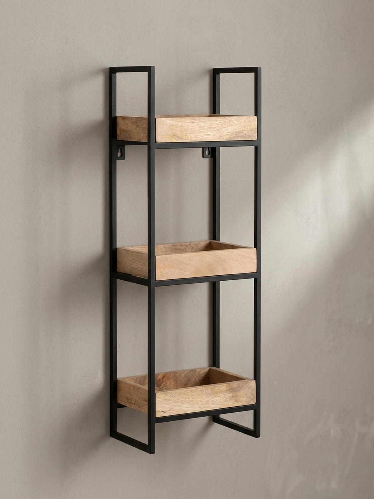 WANDREGAL Mango Massivholz Metall Industrial Stil 27x77x18 cm Rechteckig mit 3 Ablagen - Schwarz/Braun, Holz (27/77/18cm) - KADIMA DESIGN