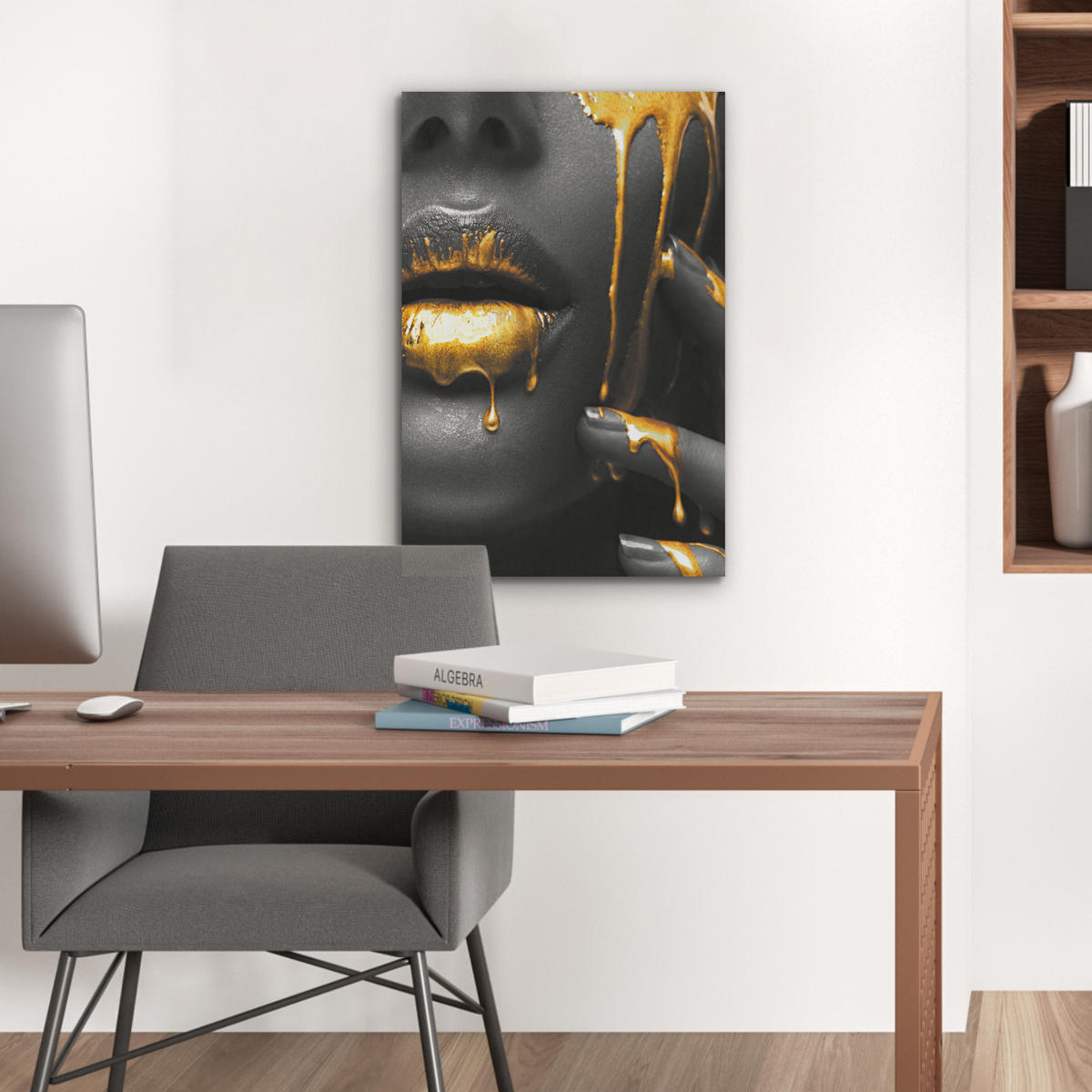AKUSTICKÝ OBRAZ Žena - čierna - zlatá - tvár - pery 50x70 cm - zlatá, plast (50/70/0.9cm) - MuchoWow
