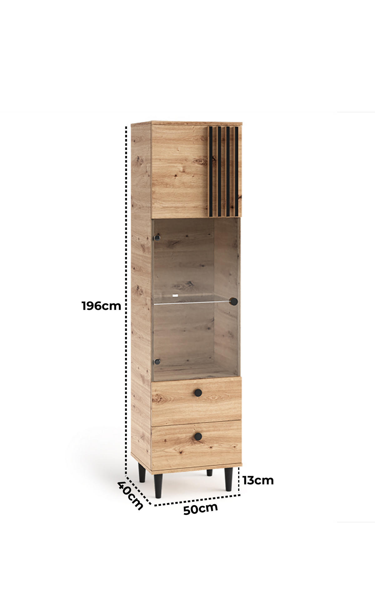 VITRINE Laura II 50 cm 2-türig mit Lamellen, Schubladen und Holzbeine, eiche artisan, schwarz - Schwarz/Eiche Artisan, Holz/Kunststoff (50/196/40cm) - Margaret Hadas24