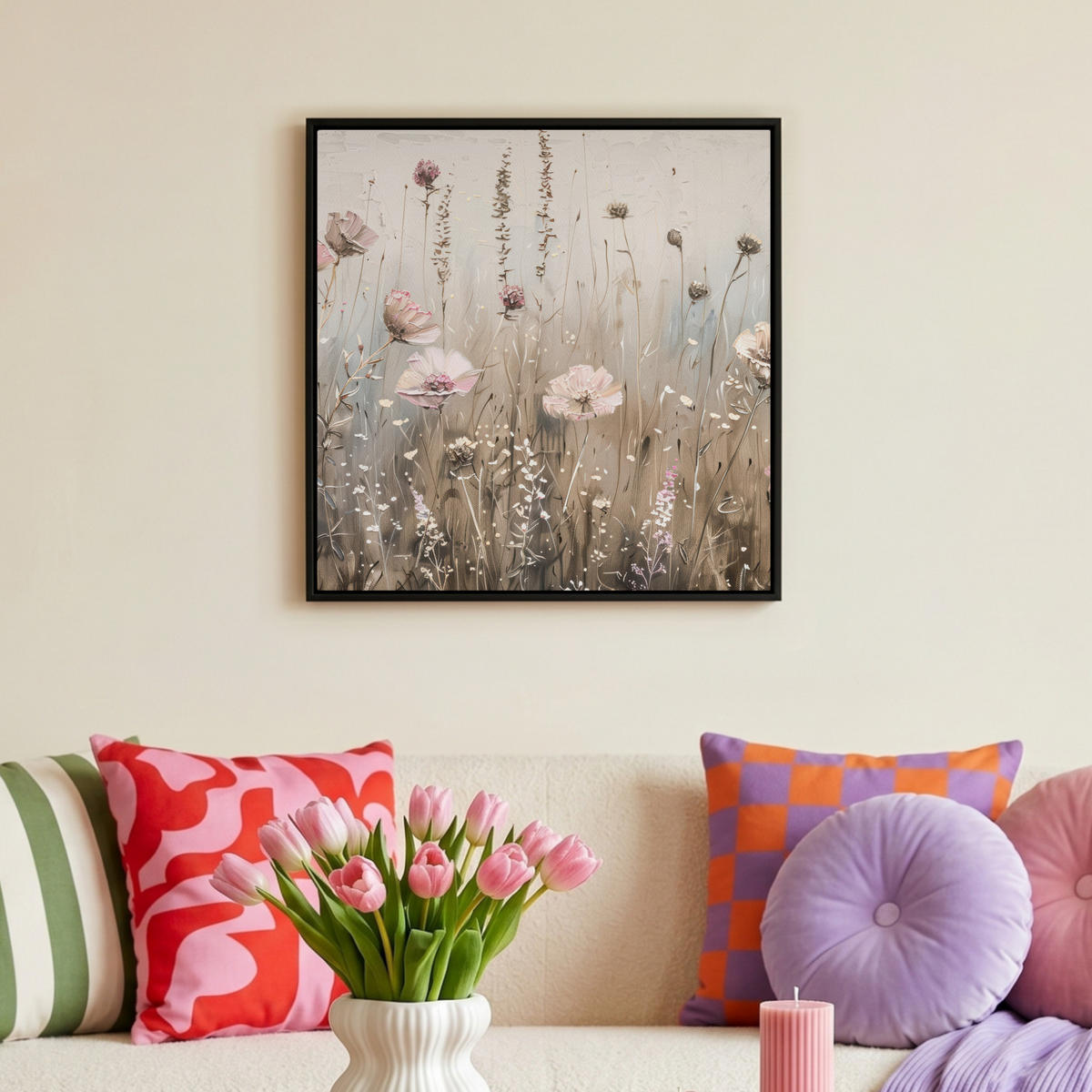 LEINWAND Bilder mit Rahmen - Blumen - Rosa - Modern - Beige - 50x50 - Beige, Textil (50/50cm) - MuchoWow