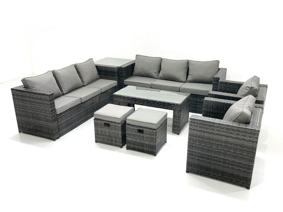 GARTENMÖBEL COUCHTISCH SET mit Sofa Polyrattan Outdoor 10-Sitzer - Dunkelgrau/Grau, Glas/Kunststoff - Fimous