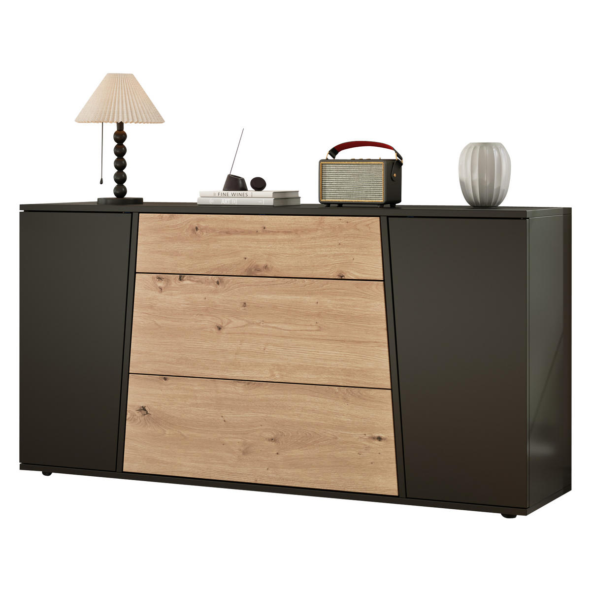 KÜCHENSCHRANK 140x35x70cm Schwarz Holzton mit 3 Schubladen - Schwarz/Naturfarben, Holzwerkstoff (140/70/35cm) - FLIEKS