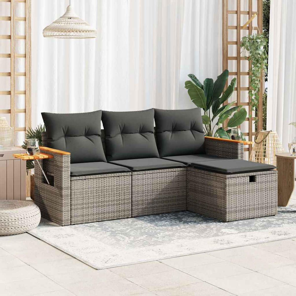 GARTEN-SOFAGARNITUR 4-TLG. Mit Kissen Grau Poly Rattan - Grau, Kunststoff - vidaXL