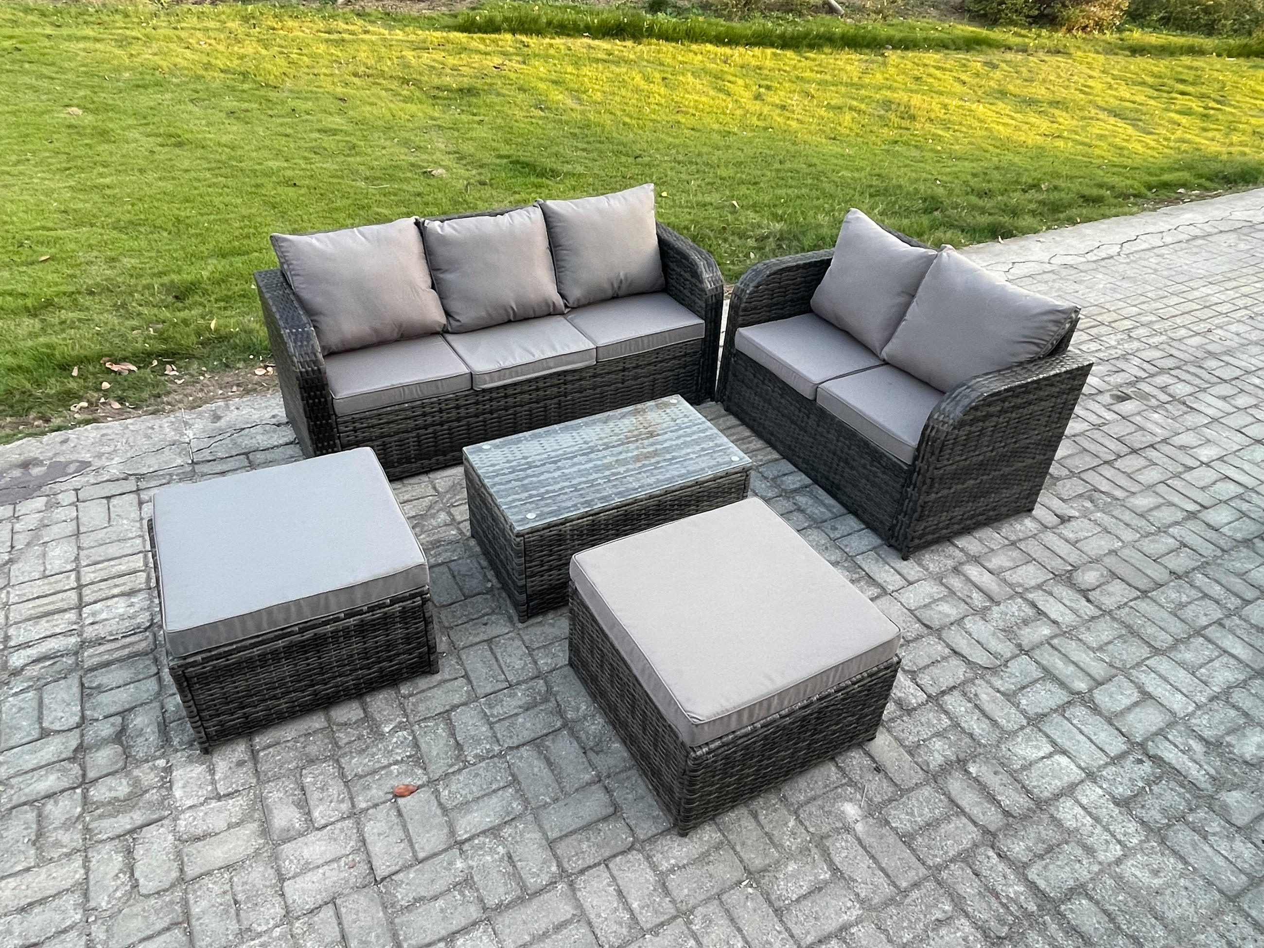 GARTENMÖBELSET mit Couchtisch Polyrattan 7-Sitzer - Dunkelgrau/Grau, Glas/Kunststoff - Fimous