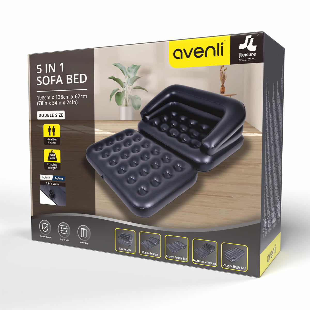 LUFTSOFA aufblasbares Sofa 198 x 138 x 62 cm schwarz wandelbar zum Doppelbett - Schwarz, Kunststoff (138/62/198cm) - Avenli