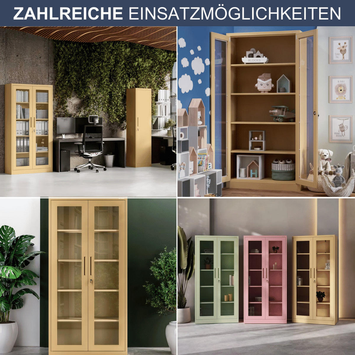 VITRINENSCHRANK abschließbar ELLO mit Glastüren 185x90x40cm Beige - Beige, Metall (90/185/40cm) - DELUKE