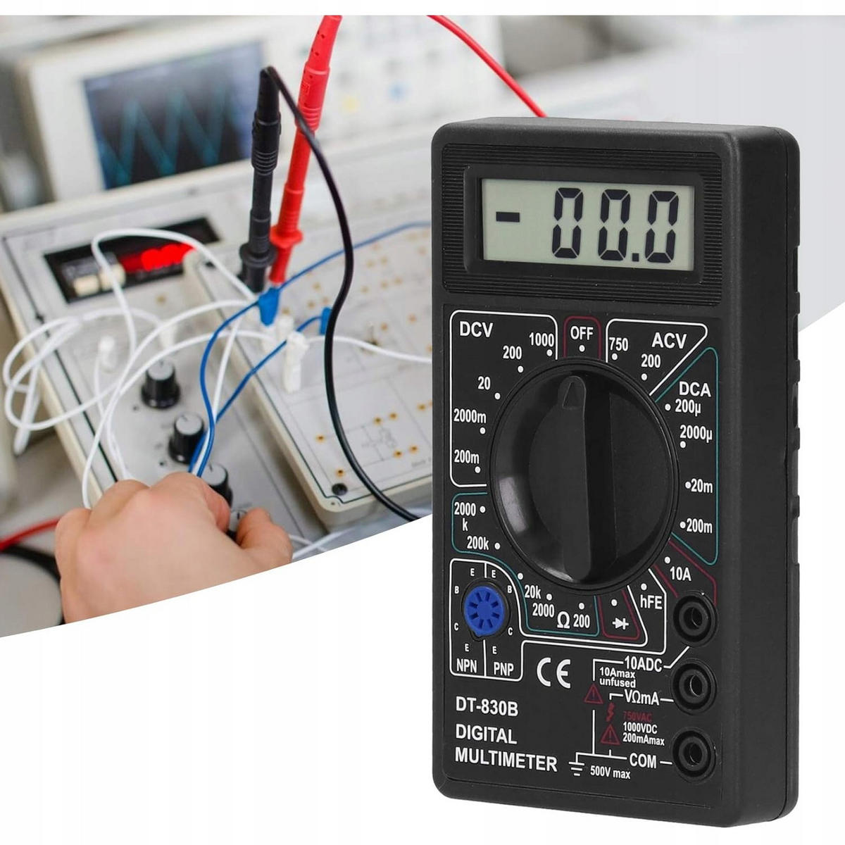 MULTIMETER DT-830B - Mini digital, LCD, DC 0-1000 V, AC 200-750 V, DC 0-10 A, 0-2 MΩ, Dioden- und Transistortest - Multicolor, Kunststoff/Metall (10/10/10cm)