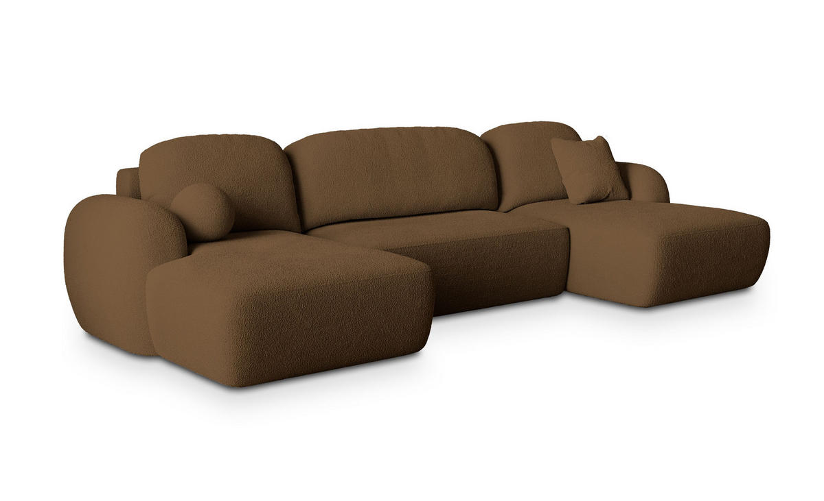 WOHNLANDSCHAFT SAVONA N Braun Boucle-Stoff mit Schlaffunktion - Braun, Holz (350/90/148cm) - MASSENO