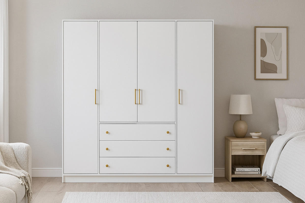 DREHTÜRENSCHRANK CLASSIC 200/196/58 cm in Weiß/Gold - Goldfarben/Weiß, Holzwerkstoff (196/58/200cm) - Deine Möbel 24