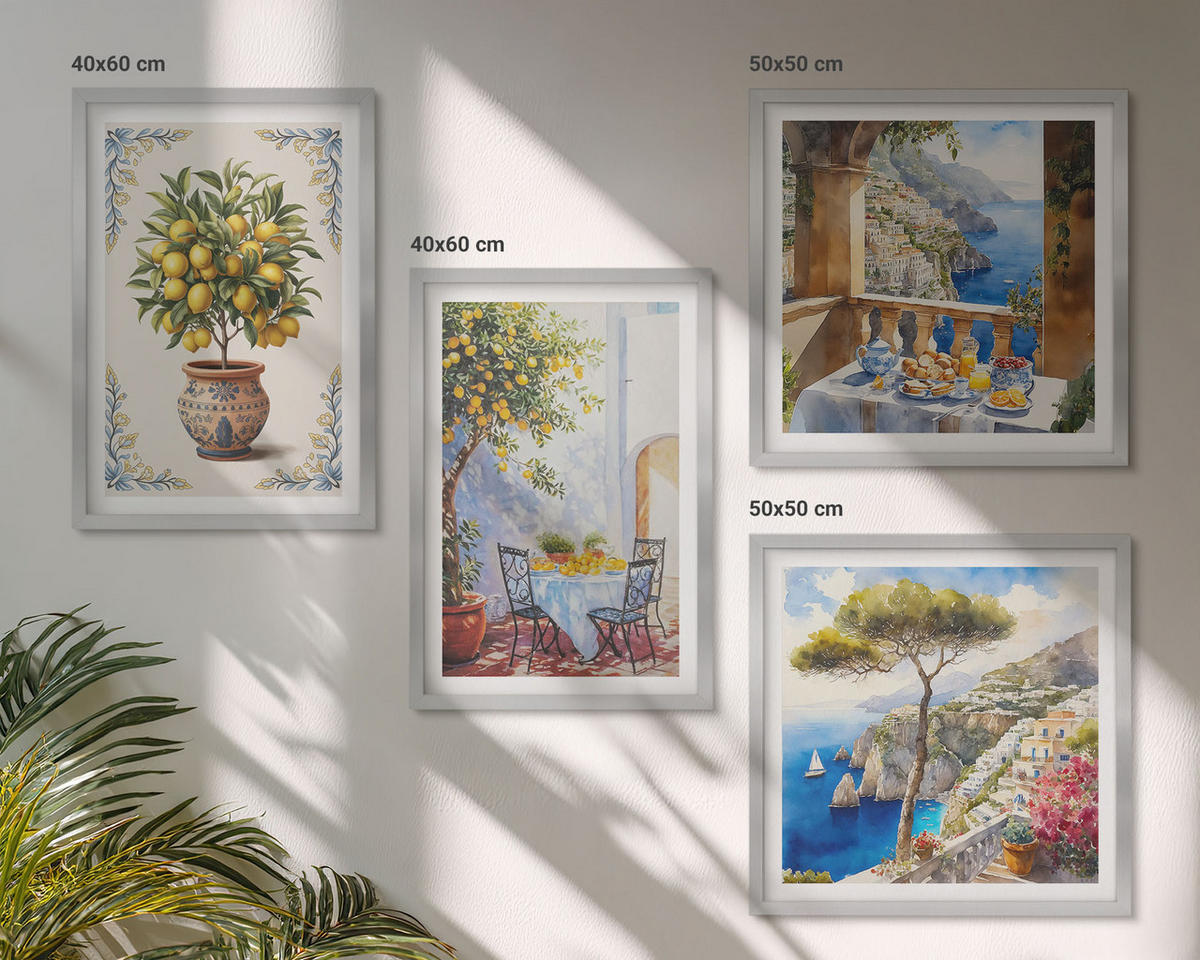 WANDBILDER 4er Set - 50x50 cm & 40x60 cm Silberner Rahmen - Tisch aus Zitronenbaum - Silberfarben, Kunststoff (50/50cm) - ArtPrintCave