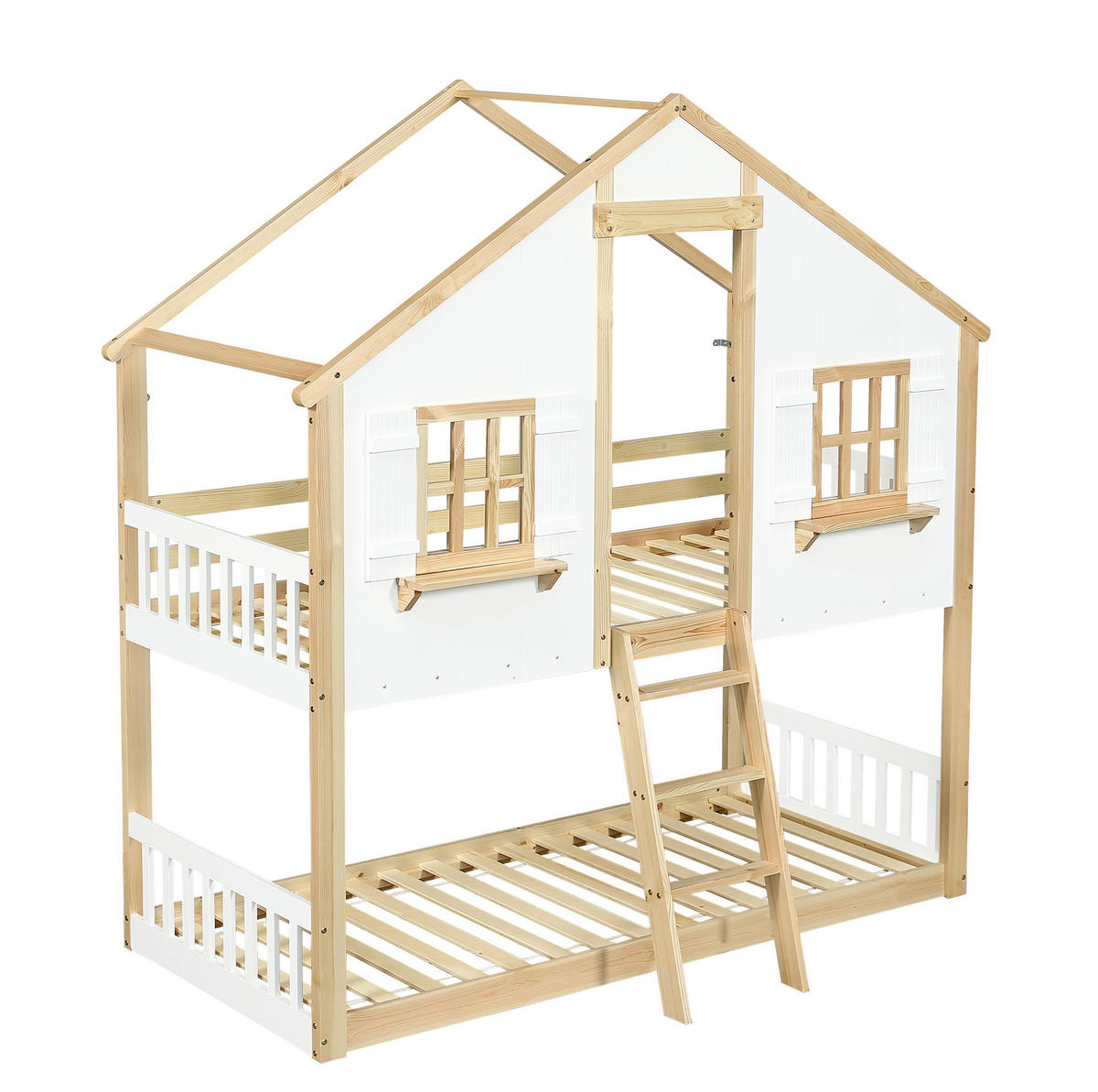 ETAGENBETT 90/200 cm in Weiß/Natur mit Dach, Fenstern und Sicherheitsgeländer - Weiß, Holzwerkstoff (90/200cm) - OKMYHOME