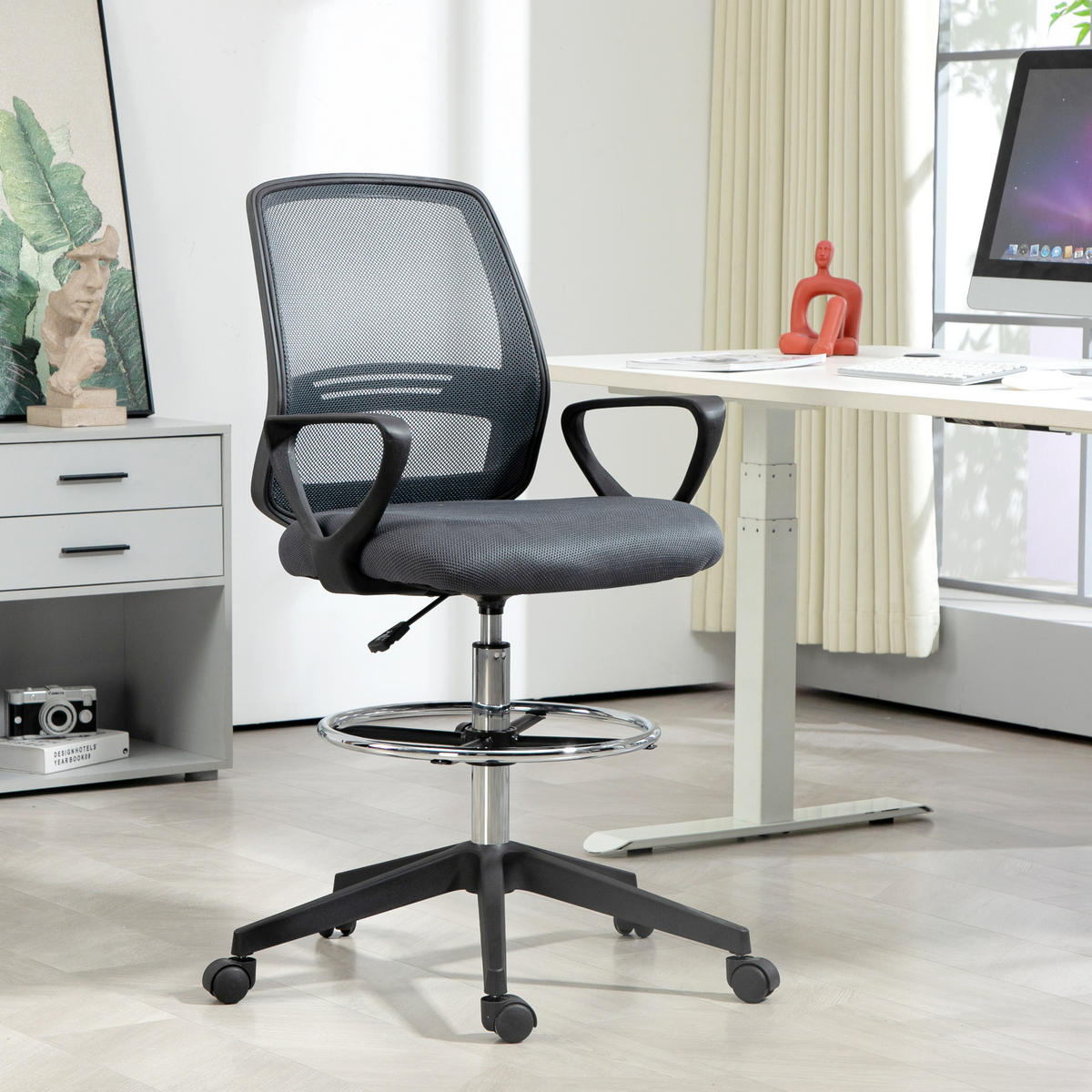 BÜROSTUHL DE-05184 Mit Armlehnen, Fußring & Netzbespannung Grau - Grau, Kunststoff (66/120/68cm) - ComfortXL