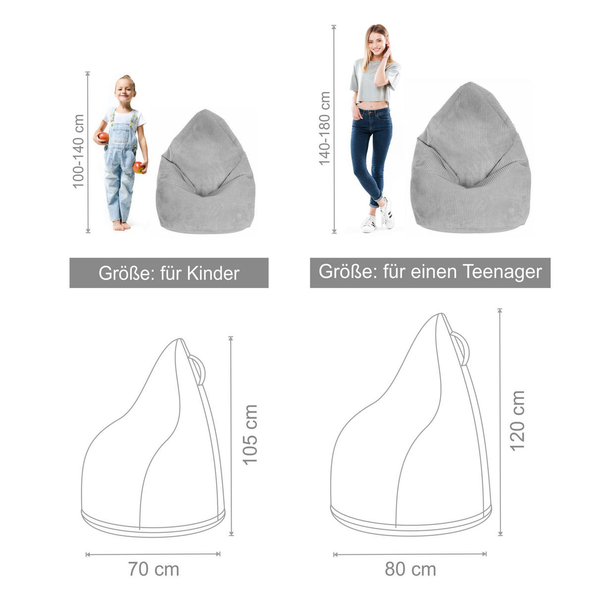 SITZSACK Kordsamt White Dove M - Weiß, Textil (80/120/80cm) - Dreamroots