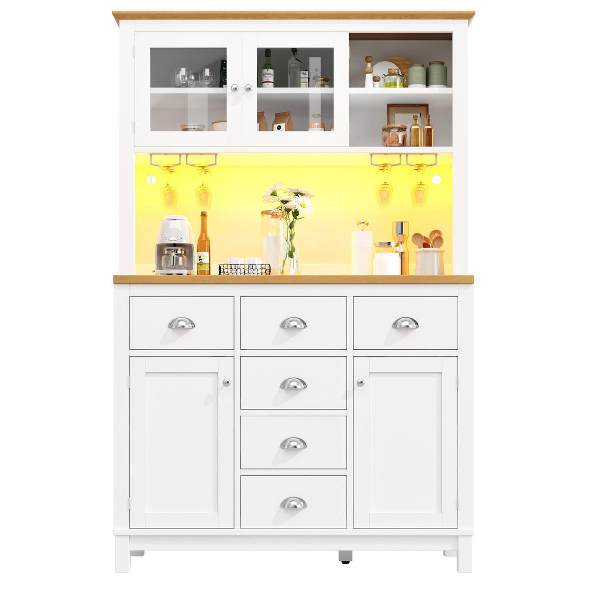 BUFFET 104/40/180 cm s LED osvětlením, velkým úložným prostorem a ochranou proti převrácení, Bílá - bílá, kompozitní dřevo (104/180/40cm) - Redom
