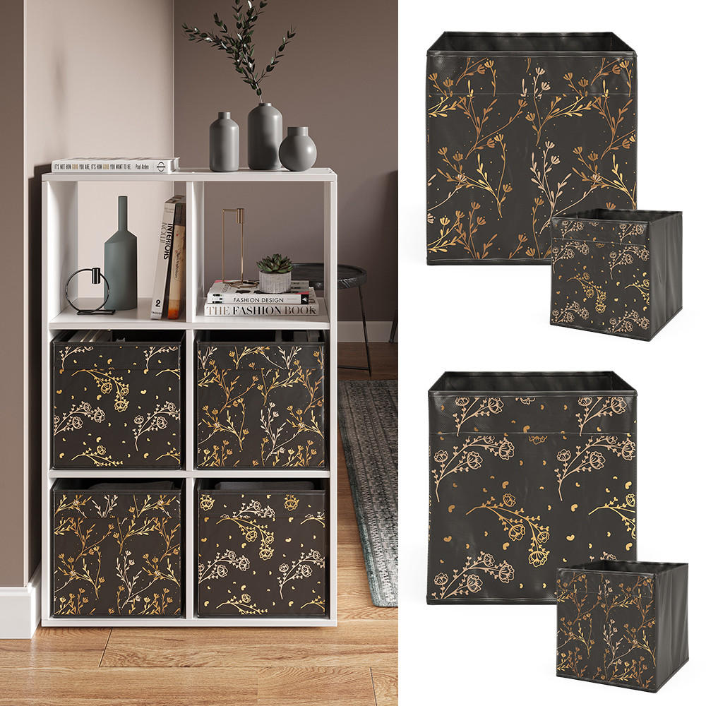 FALTBOX Schwarz/Gold (Floral) 30 x 30 cm 2er Set Option2 - Gelb/Schwarz, Wellpappe (30/30/30cm) - Vicco