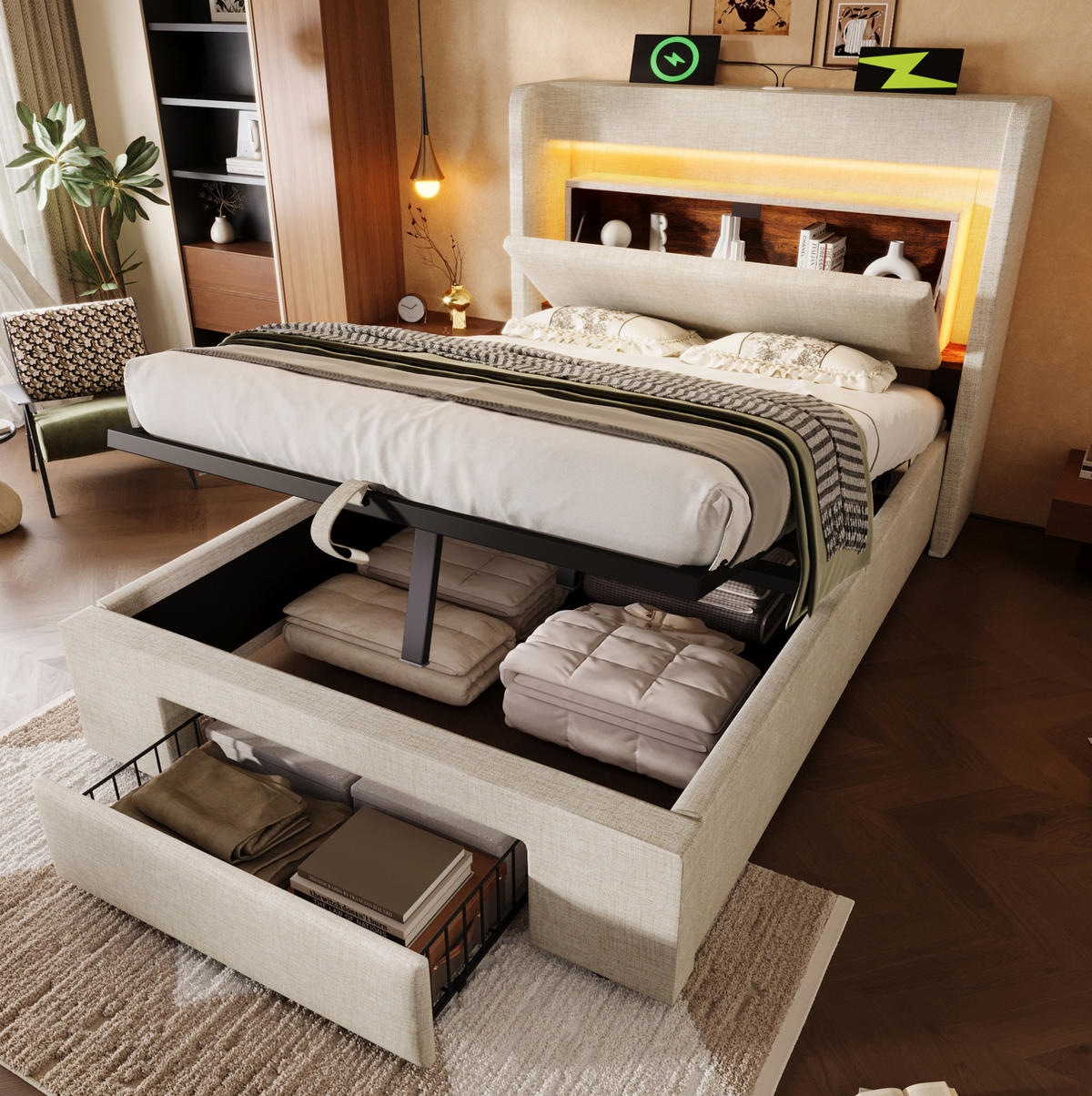 BETT mit Stauraum 90x200 cm Leinen Beige mit Matratze - Beige, Metall (90/200cm) - Meubliv