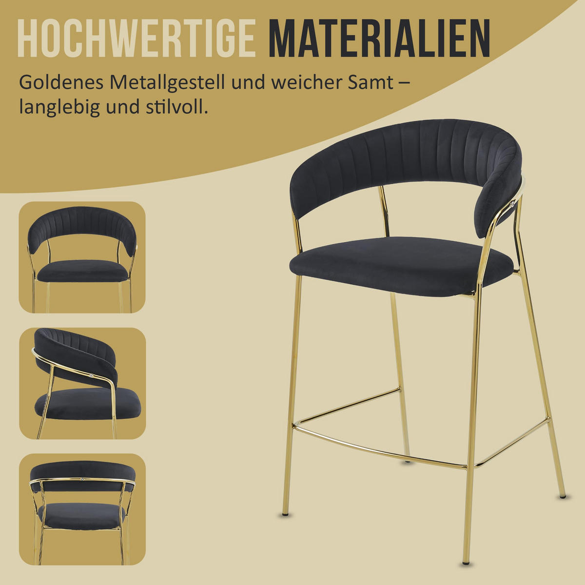 BARHOCKER 2er Set Beige Velours, geriffelte Rückenlehne, Metallgestell vergoldet, Modernes Design, Thekenhöhe - Beige, Textil (48/97/46cm) - Best For Home