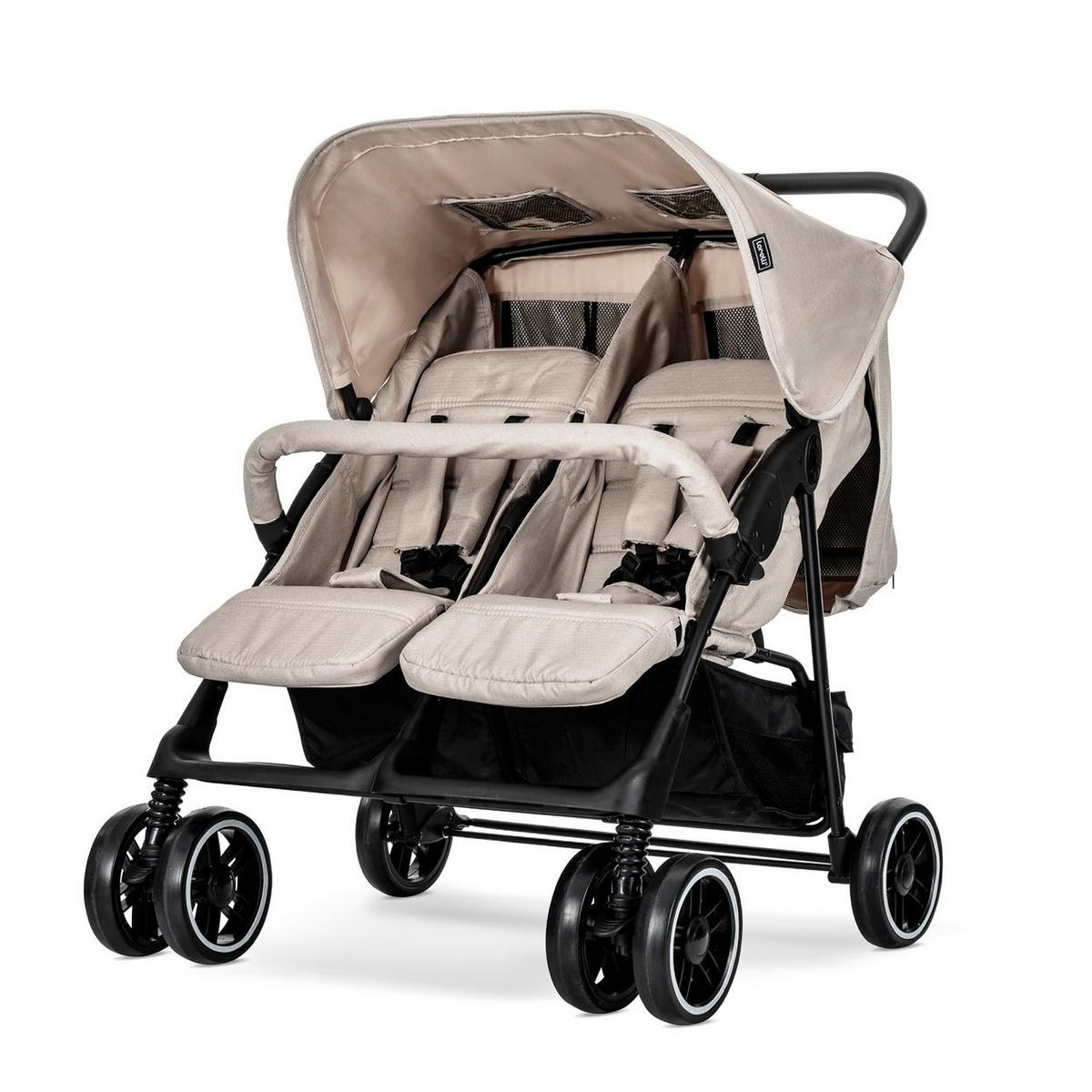 GESCHWISTERKINDERWAGEN TWIN beige-schwarz Wickeltasche Einhand-Klappsystem Fußabdeckung - Beige, Metall (86/84/110cm) - Lorelli