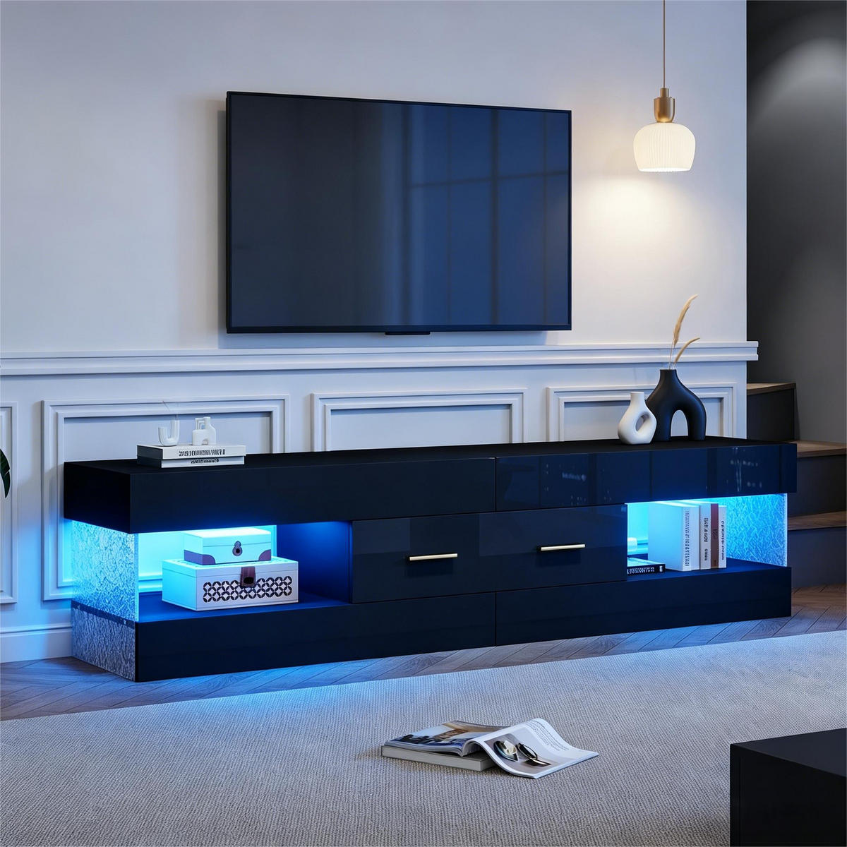 LOWBOARD in Schwarz, TV Schrank mit LED, Offenen Stauraum und Schubladen, 152/35/40cm, für Wohnzimmer - Schwarz, Holzwerkstoff (152/40/35cm) - STILVORA