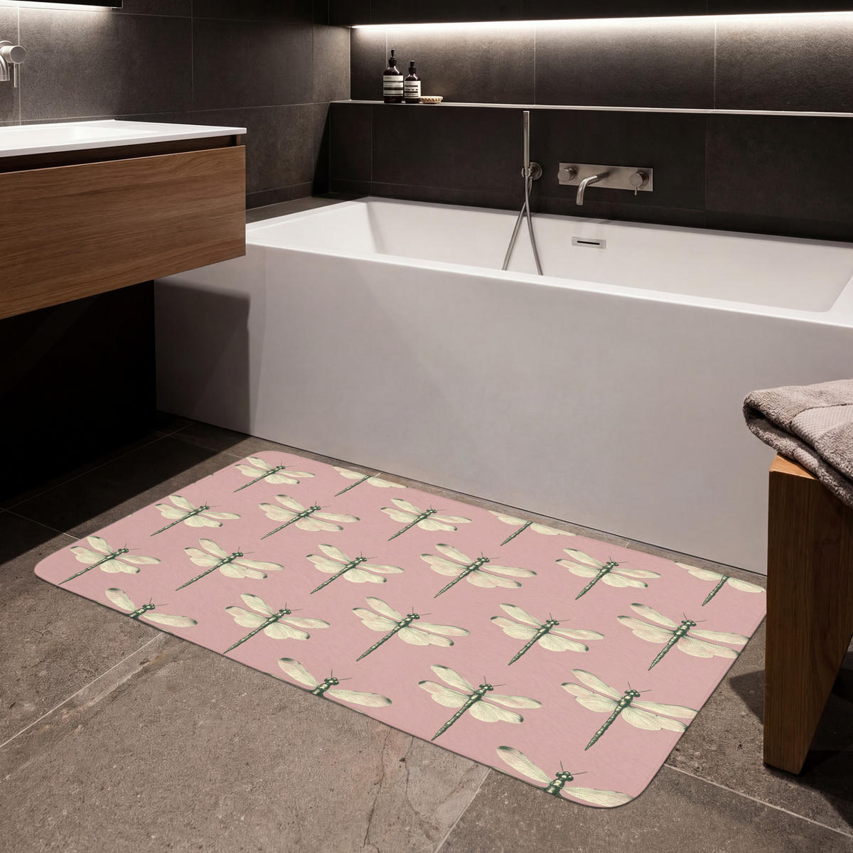 KÚPEĽŇOVÁ PREDLOŽKA Zvončeky - vzor - ružová 120x60 cm - ružová, textil/plast (120/60cm) - OnlyWow