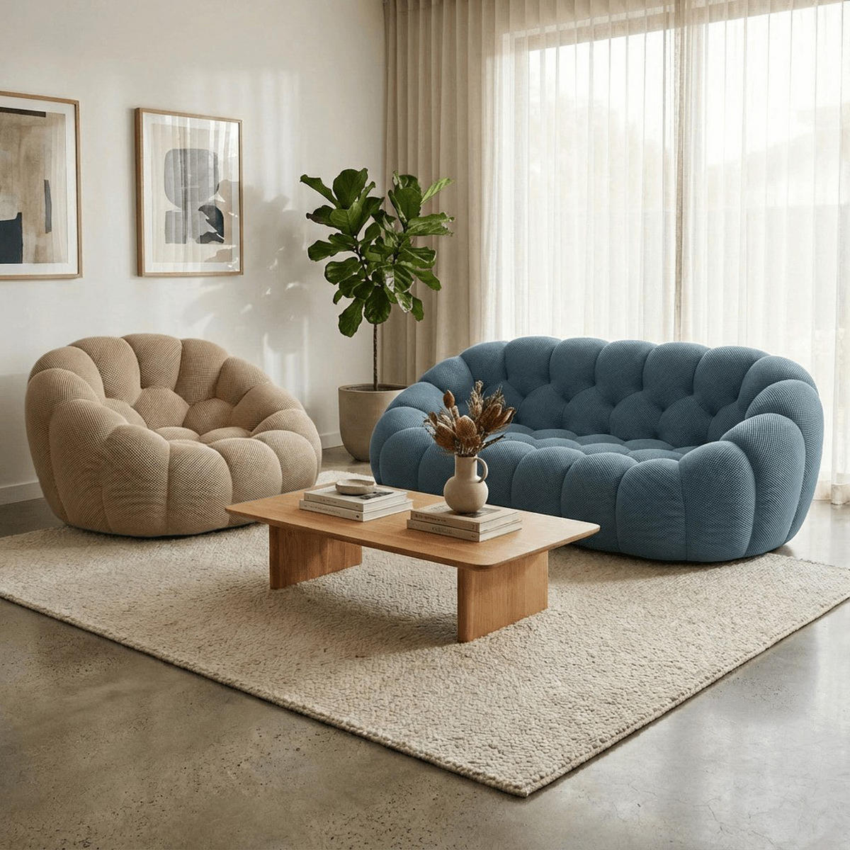 SITZGARNITUR Cocoon Sofa und Sessel Blau und Sand - Sandfarben/Blau, Textil (190/75/113cm) - COCO Living