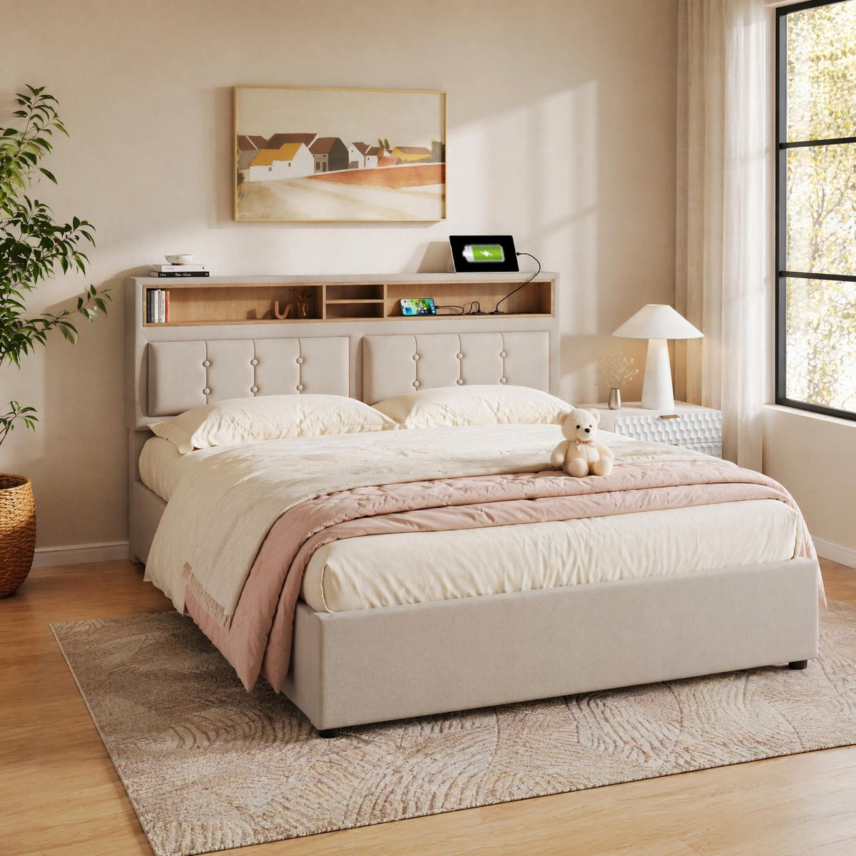POLSTERBETT 140/200 mit Bettkasten, USB-C und verstellbarem Kopfteil mit Matratze - Beige, Holzwerkstoff/Textil (140/200cm) - EVRYAE