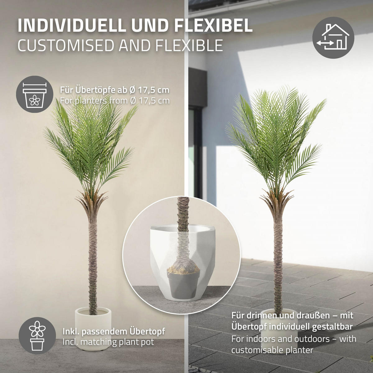 KUNSTPFLANZE Palme - Anthrazit/Grün, Holz/Kunststoff (180cm) - ML-DESIGN