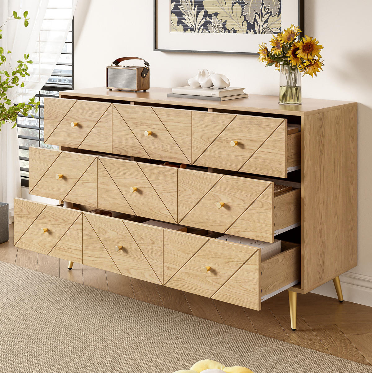 KOMMODE 120/39/80 cm mit 9 Schubladen und Eisenbeinen - Naturfarben, Holzwerkstoff (120/80/39cm) - BEAOK