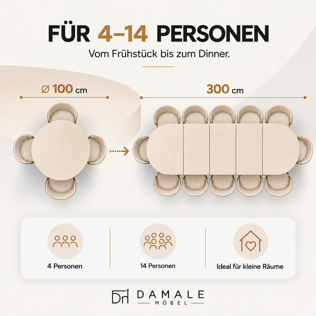 ESSTISCH rund ausziehbar 100/300/76 cm, Kaschmir, 54 cm Tischplatte + X Metallbeine Gold - Kaschmir/Goldfarben, Holzwerkstoff/Metall (100/300/76cm) - Damale Möbel
