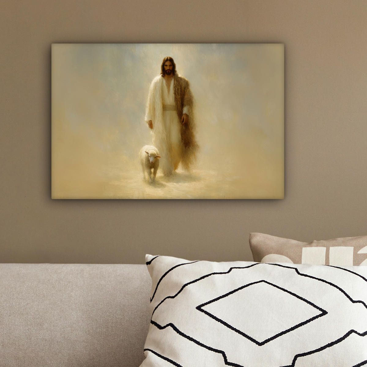 LEINWANDBILD Schaf - Jesus - Pinselstriche - Abstrakt Deko Schlafzimmer 30x20 cm - Sandfarben, Textil (30/20cm) - MuchoWow