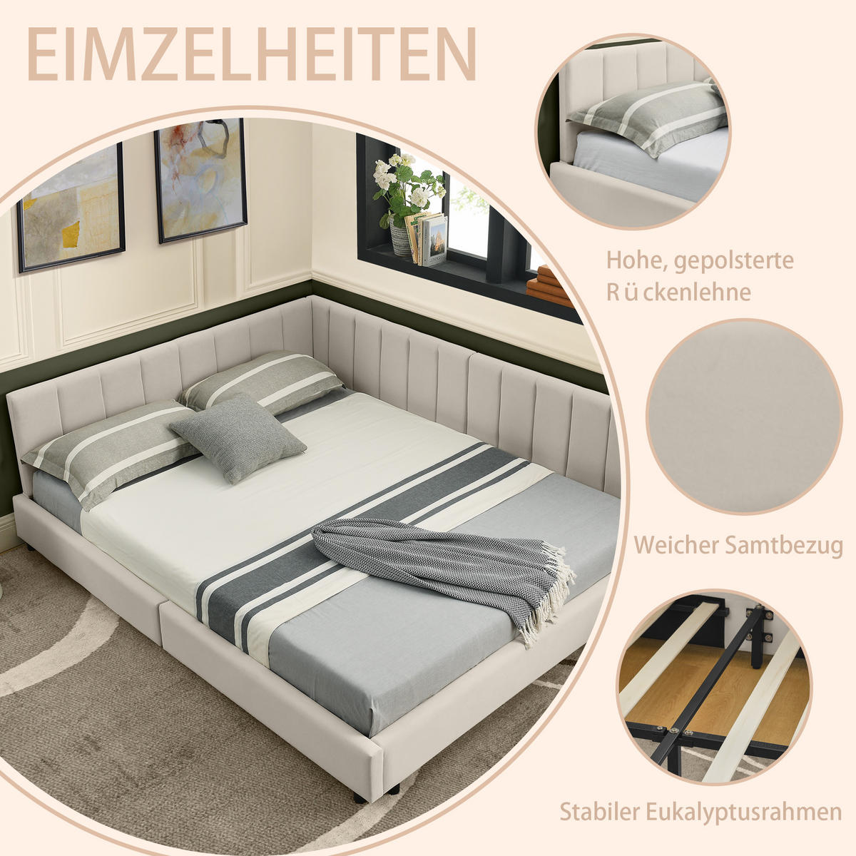 POLSTERBETT 160x200 cm Samt Rückenlehne beige - Beige, Kunststoff (160/200cm) - LEBENLANG