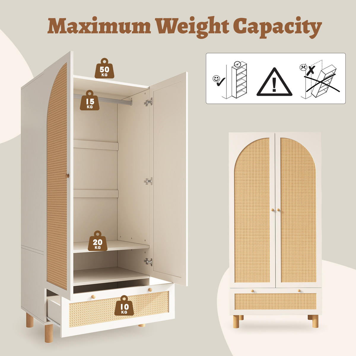 KLEIDERSCHRANK in Weiß mit 2 Türen und Schublade für Schlafzimmer und Flur, B85/T52/H180 cm - Weiß/Naturfarben, Holz/Holzwerkstoff (85.5/180.5/52cm) - STILVORA